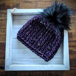 Purple tweed hat with raven black faux-fur pompom